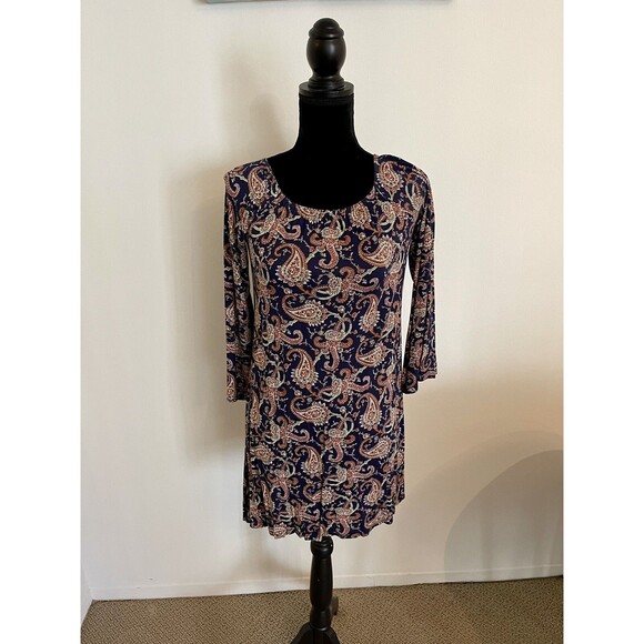 Boohoo Navy and Orange Paisley 3/4 Sleeve Mini Dress Size 12 Large - Picture 1 of 6